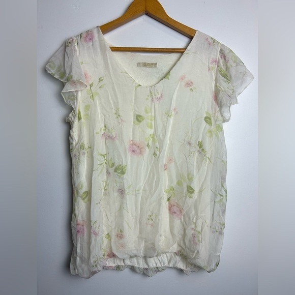 Y2K Giusy Made in Italy Top Blouse L 100% Silk Floral Lightweight Butter White - Picture 3 of 13